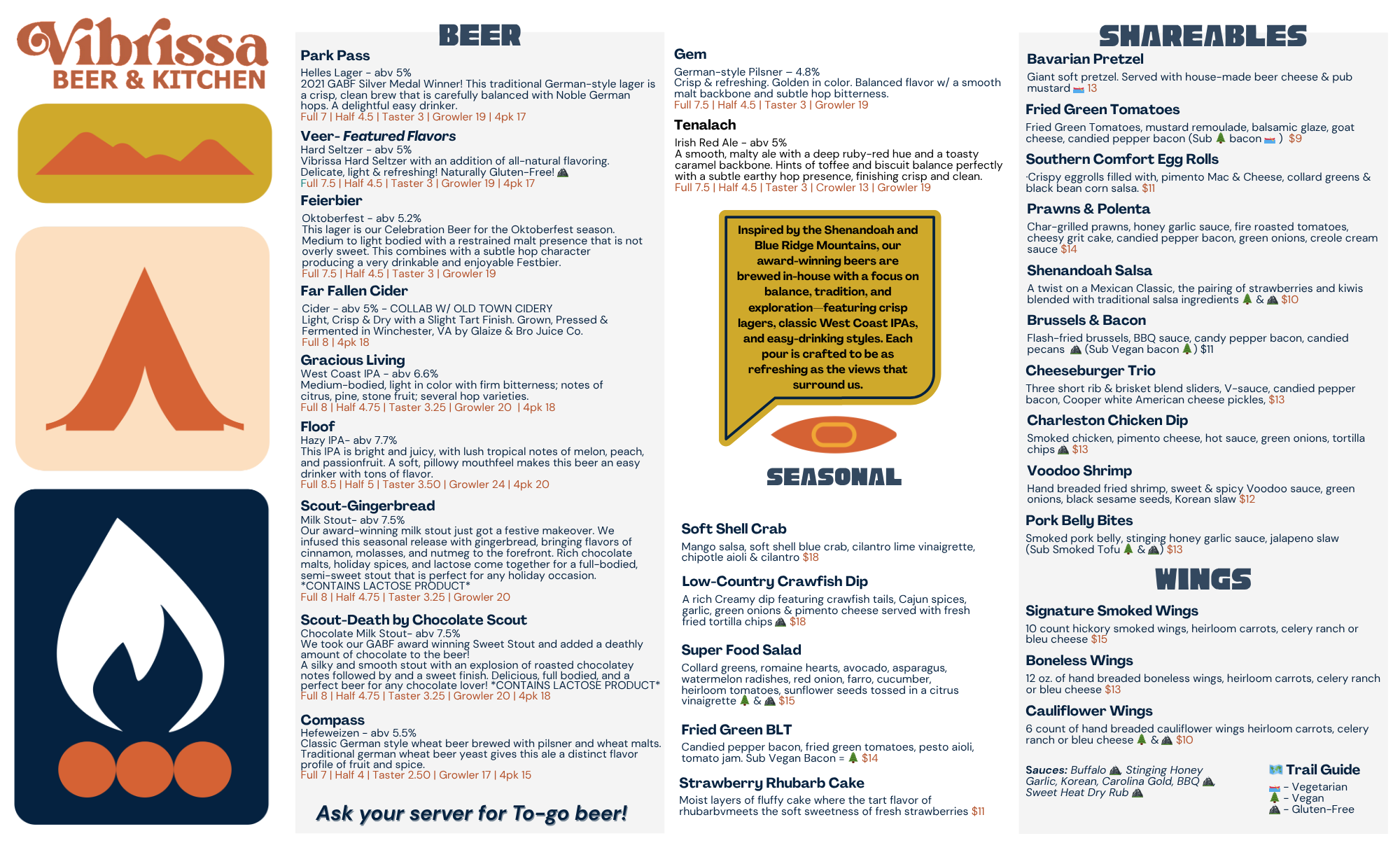 Front Royal Food Menu, Vegan, Gluten Free, Vegetarian.