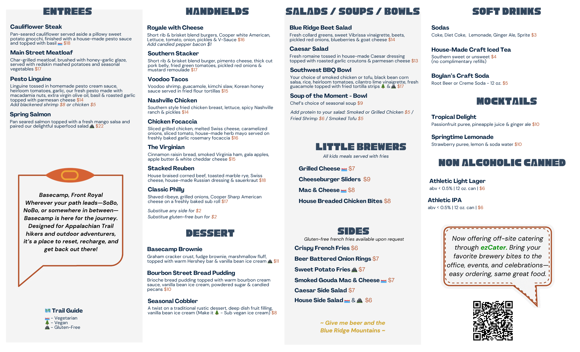 Front Royal Food Menu, Vegan, Gluten Free, Vegetarian.